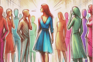 Oser s’affirmer et accepter de déplaire : une femme avance avec confiance sur son propre chemin, libre des attentes des autres.